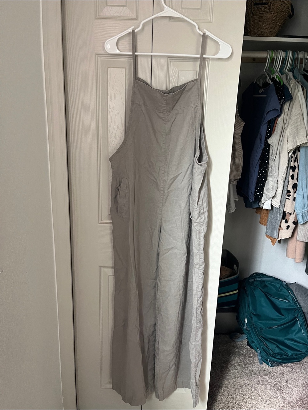 Light Gray Linen-Blend Wide Leg Jumpsuit